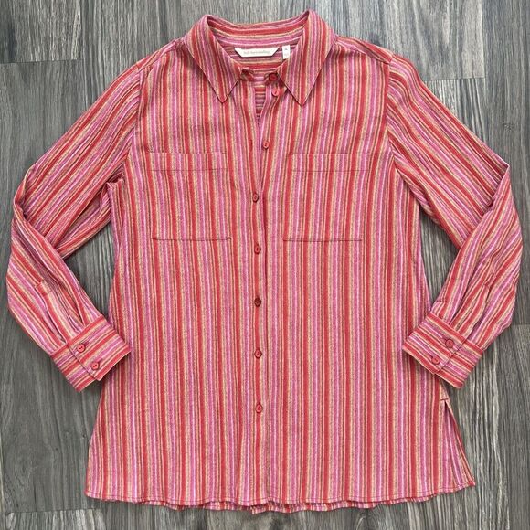 Soft Surroundings Oversized Striped Long Sleeve Button Down Shirt Red Size Small - Picture 1 of 5